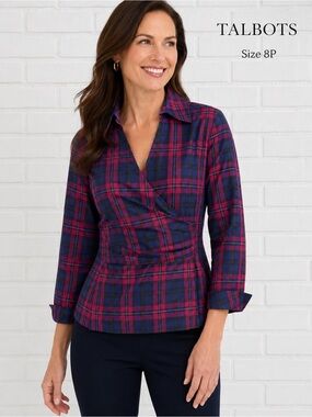 Talbots Petites Plaid Wrap Blouse Size 8P Silk Blend Pink Blue Career Top